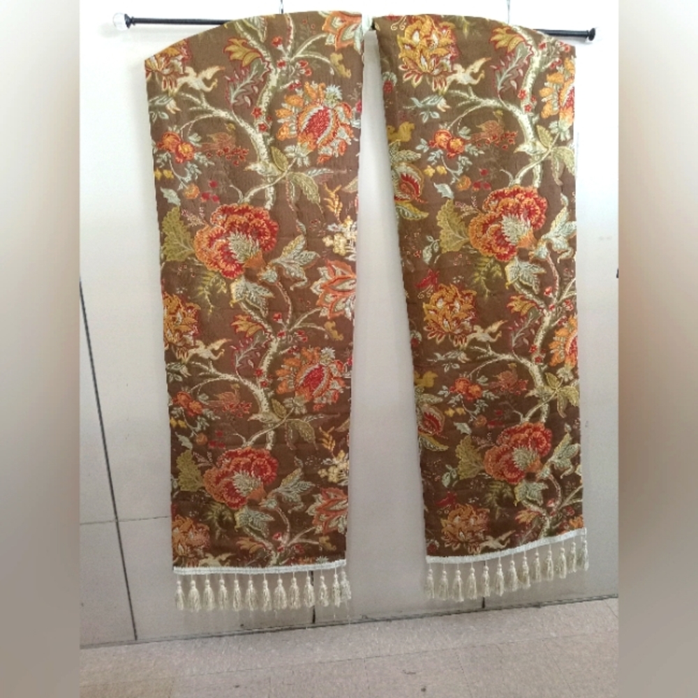 Unique French Art Curtains Oval/ Arch Cut, Tassels, Drawstring  Attached to wood